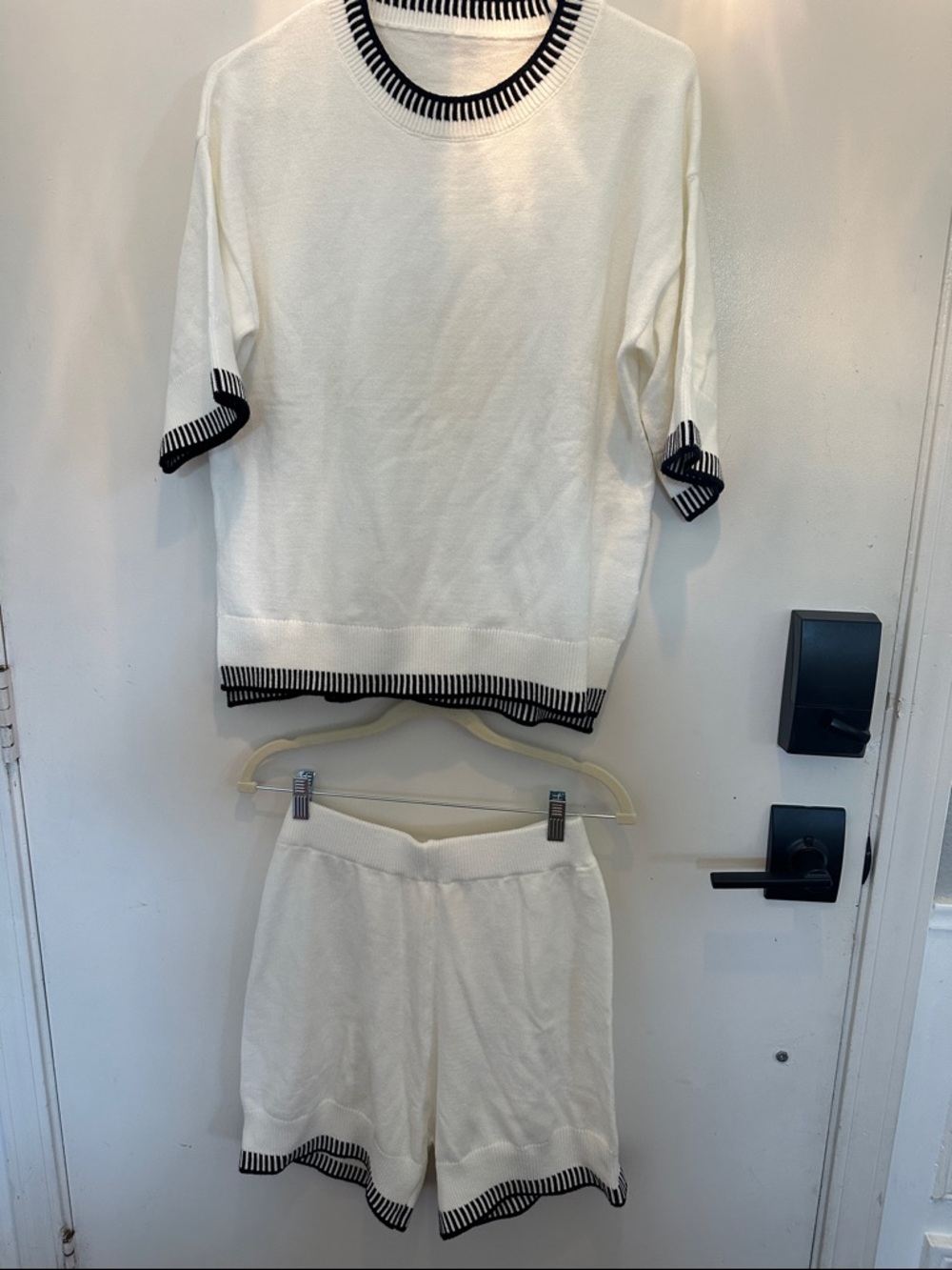 White Knit Two-Piece Set with Black Trim